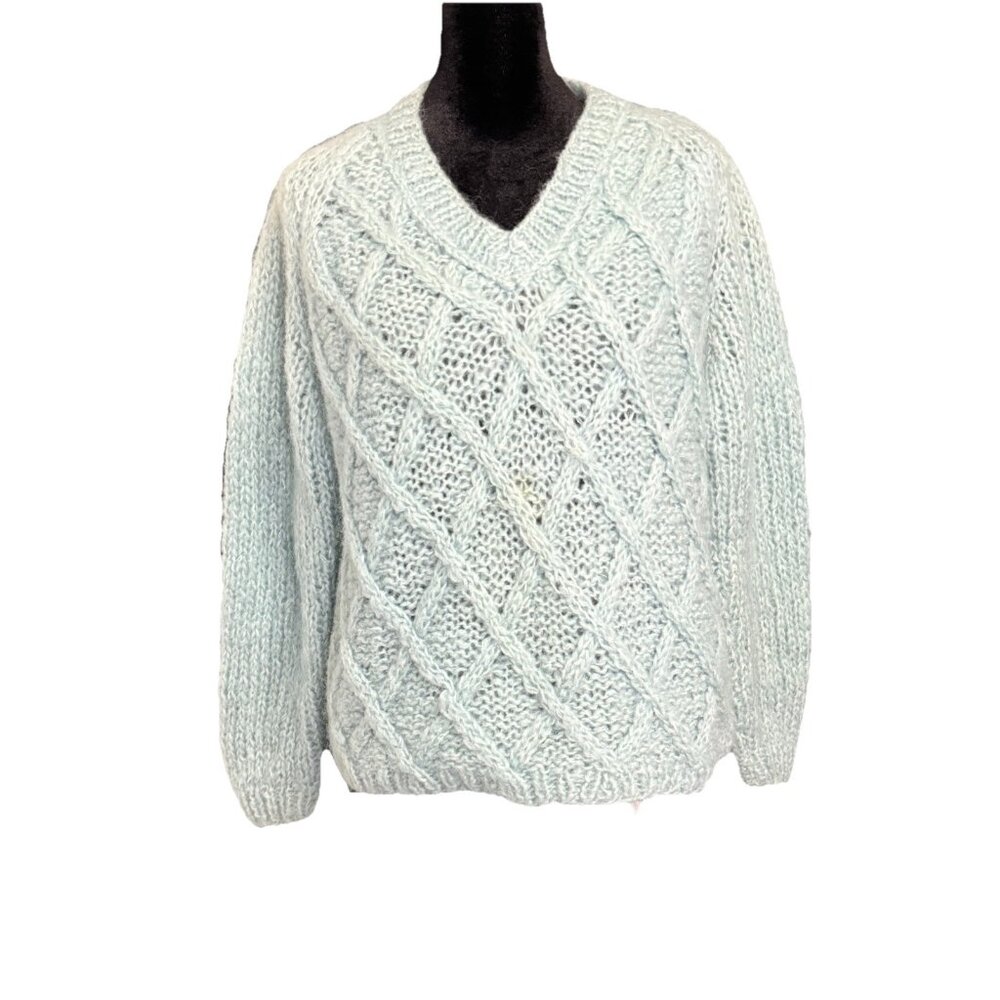 1960s VTG Carol Brent Wool & Mohair Blend Mint V-Neck Knit Sweater Italy Sz 38